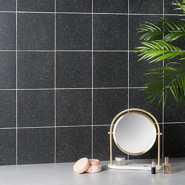 Close Out - GeoPrism Terrazzo Charcoal 8x8 by Elizabeth Sutton; in Charcoal Porcelain; for Backsplash, Bathroom Floor, Bathroom Wall, Commercial Floor, Floor Tile, Kitchen Floor, Kitchen Wall, Outdoor Floor, Outdoor Wall, Shower Floor, Shower Wall, Wall Tile; in Style Ideas Art Deco, Contemporary, Craftsman, Mid Century, Modern, Transitional, Whimsical