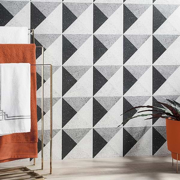 Close Out - GeoPrism Terrazzo Deco Grigio 8x8 by Elizabeth Sutton; in Gray, Charcoal Porcelain; for Backsplash, Bathroom Floor, Bathroom Wall, Commercial Floor, Floor Tile, Kitchen Floor, Kitchen Wall, Outdoor Floor, Outdoor Wall, Shower Floor, Shower Wall, Wall Tile; in Style Ideas Art Deco, Contemporary, Craftsman, Mid Century, Modern, Transitional, Whimsical