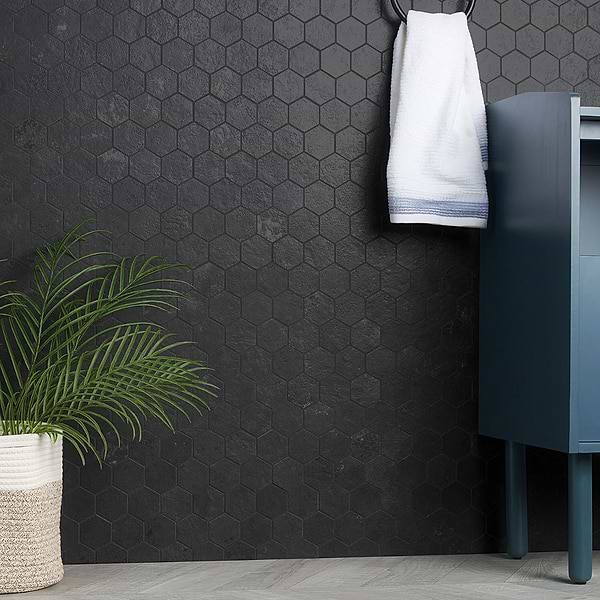 Artile Black Gold 2" Hex; in Black Porcelain; for Backsplash, Bathroom Floor, Bathroom Wall, Commercial Floor, Floor Tile, Kitchen Floor, Kitchen Wall, Outdoor Floor, Outdoor Wall, Pool Tile, Shower Floor, Shower Wall, Wall Tile; in Style Ideas Contemporary, Industrial, Modern, Traditional, Transitional