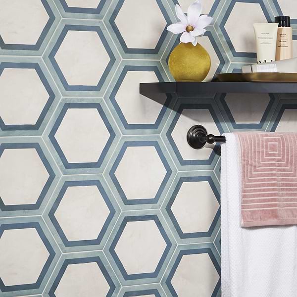 Banza Deco Ocean Cielo 8" Hex; in Blue, Teal, White Porcelain; for Backsplash, Bathroom Floor, Bathroom Wall, Commercial Floor, Floor Tile, Kitchen Floor, Kitchen Wall, Outdoor Floor, Outdoor Wall, Pool Tile, Shower Floor, Shower Wall, Wall Tile; in Style Ideas Art Deco, Classic, Contemporary, Craftsman, Industrial, Mediterranean, Mid Century, Modern, Traditional, Transitional, Tropical