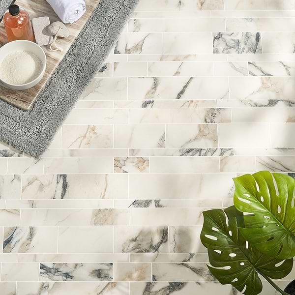 Lithe Calacatta Rustico Railroad Matte; in Cream with Black and Gold Veining Porcelain; for Backsplash, Bathroom Floor, Bathroom Wall, Commercial Floor, Floor Tile, Kitchen Floor, Kitchen Wall, Outdoor Floor, Outdoor Wall, Pool Tile, Shower Floor, Shower Wall, Wall Tile; in Style Ideas Art Deco, Beach, Classic, Contemporary, Craftsman, Modern, Traditional, Transitional
