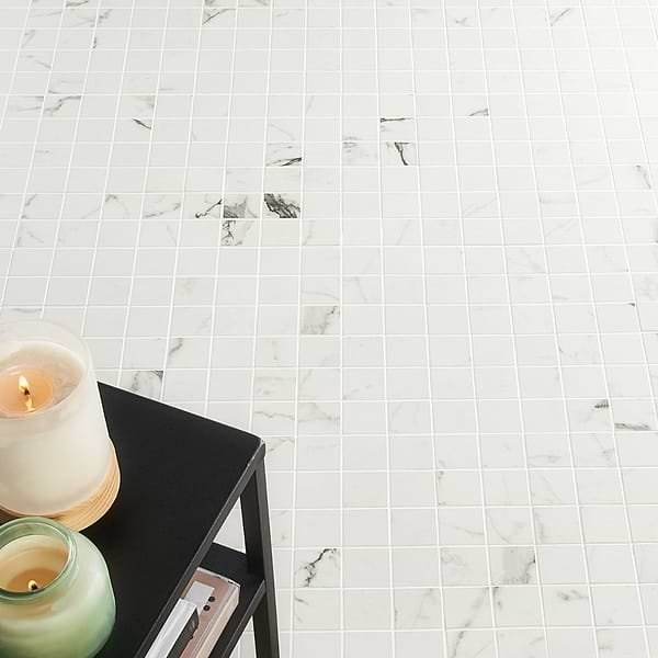 Lithe Statuario Venato 2x2 Matte; in White with Grey Veining Porcelain; for Backsplash, Bathroom Floor, Bathroom Wall, Commercial Floor, Floor Tile, Kitchen Floor, Kitchen Wall, Outdoor Floor, Outdoor Wall, Pool Tile, Shower Floor, Shower Wall, Wall Tile; in Style Ideas Classic, Contemporary, Modern, Traditional, Transitional