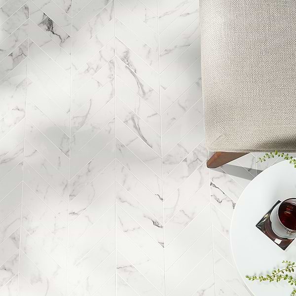 Lithe Statuario Venato 2x8 Chevron Polished Porcelain