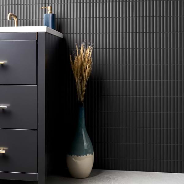 Saera Ribbed Black 4x12; in Black White Body Ceramic; for Backsplash, Bathroom Wall, Kitchen Wall, Outdoor Wall, Pool Tile, Shower Wall, Wall Tile; in Style Ideas Contemporary, Modern