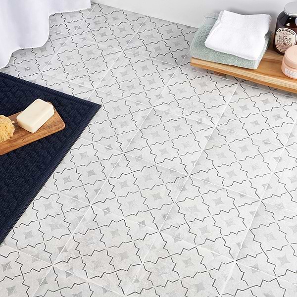 Carino Deco Como 8x8; in Light Gray Porcelain; for Backsplash, Bathroom Floor, Bathroom Wall, Commercial Floor, Floor Tile, Kitchen Floor, Kitchen Wall, Outdoor Wall, Shower Floor, Shower Wall, Wall Tile; in Style Ideas Cottage, Farmhouse, Traditional