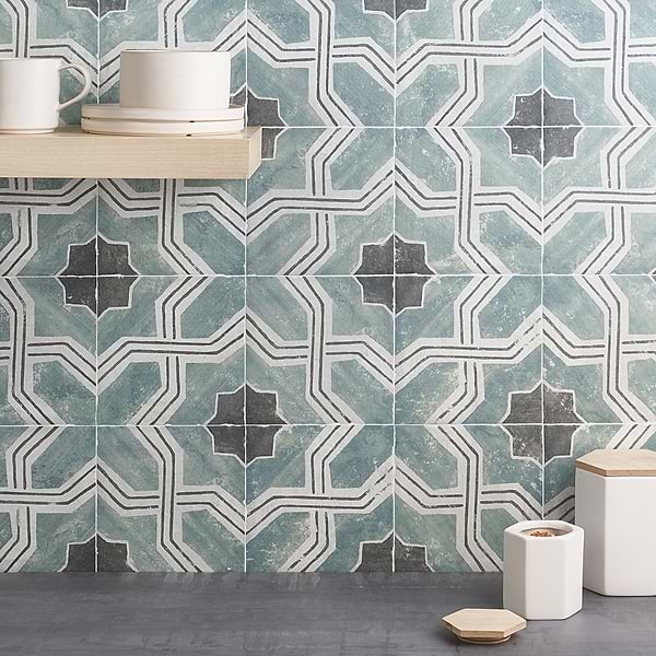 Carino Deco Iberia 8x8; in Green + Gray Porcelain; for Backsplash, Bathroom Floor, Bathroom Wall, Commercial Floor, Floor Tile, Kitchen Floor, Kitchen Wall, Outdoor Wall, Shower Floor, Shower Wall, Wall Tile; in Style Ideas Cottage, Farmhouse, Traditional