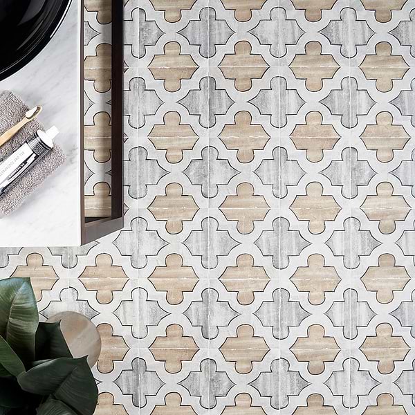Carino Deco Picos 8x8; in Beige + Gray Porcelain; for Backsplash, Bathroom Floor, Bathroom Wall, Commercial Floor, Floor Tile, Kitchen Floor, Kitchen Wall, Outdoor Wall, Shower Floor, Shower Wall, Wall Tile; in Style Ideas Cottage, Farmhouse, Traditional