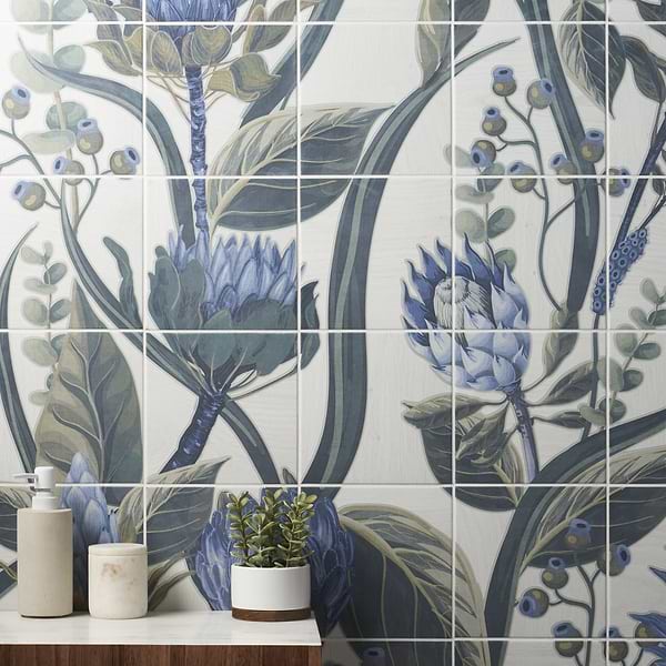 Angela Harris Florista Protea Leaves Mural 8x8; in Multi Color Porcelain; for Backsplash, Bathroom Floor, Bathroom Wall, Commercial Floor, Floor Tile, Kitchen Floor, Kitchen Wall, Outdoor Floor, Outdoor Wall, Pool Tile, Shower Floor, Shower Wall, Wall Tile; in Style Ideas Contemporary, Farmhouse, Traditional, Tropical, Whimsical