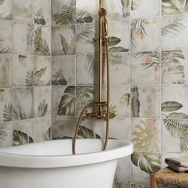 Angela Harris Florista Papara Light Deco 8x8 Matte Ceramic; in White, Green Ceramic; for Backsplash, Bathroom Wall, Kitchen Wall, Shower Wall, Wall Tile; in Style Ideas Contemporary, Mediterranean, Tropical