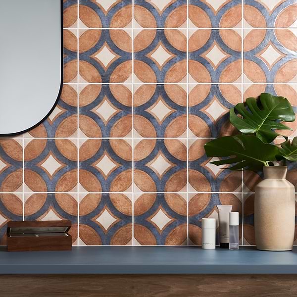 Angela Harris Messina Circles Terracotta 8x8 Matte Porcelain; in Terracotta, Blue, Beige Porcelain; for Backsplash, Bathroom Floor, Bathroom Wall, Floor Tile, Kitchen Floor, Kitchen Wall, Outdoor Floor, Outdoor Wall, Pool Tile, Shower Wall, Wall Tile; in Style Ideas Contemporary, Cottage, Mediterranean, Rustic, Transitional