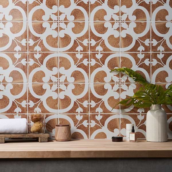 Angela Harris Messina Flora Terracotta 8x8 Matte Porcelain; in Terracotta, White Porcelain; for Backsplash, Bathroom Floor, Bathroom Wall, Floor Tile, Kitchen Floor, Kitchen Wall, Outdoor Floor, Outdoor Wall, Pool Tile, Shower Wall, Wall Tile; in Style Ideas Contemporary, Cottage, Mediterranean, Rustic, Transitional