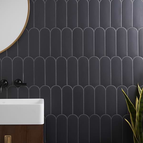 Fan Charcoal 3x8 Matte; in Charcoal Ceramic; for Backsplash, Bathroom Wall, Kitchen Wall, Shower Wall, Wall Tile; in Style Ideas Art Deco, Contemporary, Mediterranean, Mid Century, Transitional