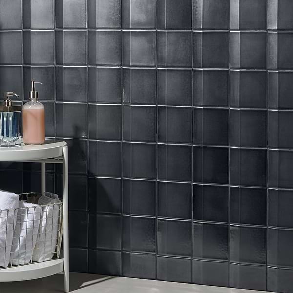 Define Edge 3D Metallic 5x5; in Gunmetal Gray Extruded Porcelain; for Backsplash, Bathroom Wall, Kitchen Wall, Outdoor Wall, Shower Wall, Wall Tile; in Style Ideas Art Deco, Contemporary, Industrial, Mid Century, Modern, Whimsical