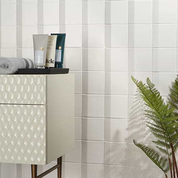 Define Edge 3D White 5x5 Matte; in White Extruded Porcelain; for Backsplash, Bathroom Wall, Kitchen Wall, Outdoor Wall, Shower Wall, Wall Tile; in Style Ideas Art Deco, Contemporary, Industrial, Mid Century, Modern, Whimsical