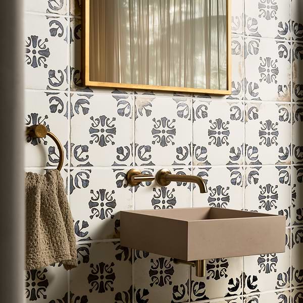 Fuego Bell Blue 9x9; in Blue, White Porcelain; for Backsplash, Bathroom Floor, Bathroom Wall, Commercial Floor, Floor Tile, Kitchen Floor, Kitchen Wall, Outdoor Floor, Outdoor Wall, Pool Tile, Shower Wall, Wall Tile; in Style Ideas Mediterranean, Rustic, Traditional