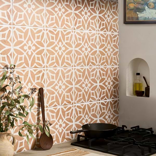 Fuego Flora Terracotta 9x9; in Terracotta, White Porcelain; for Backsplash, Bathroom Floor, Bathroom Wall, Commercial Floor, Floor Tile, Kitchen Floor, Kitchen Wall, Outdoor Floor, Outdoor Wall, Pool Tile, Shower Wall, Wall Tile; in Style Ideas Mediterranean, Rustic, Traditional