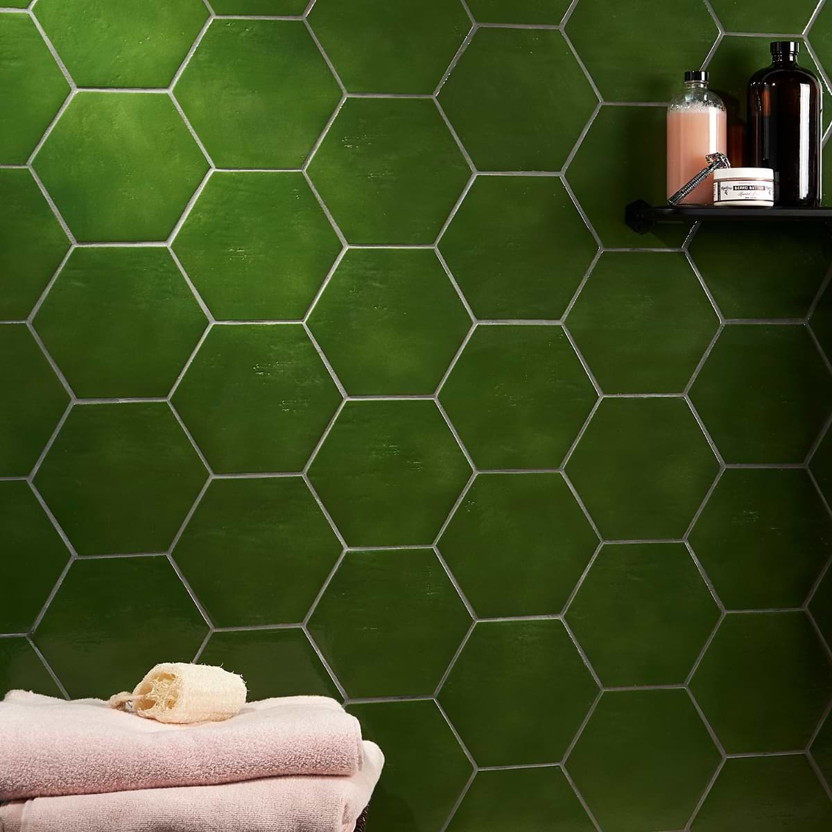 Mare Nostrum Monaco Hexagon; in Green Extruded Porcelain; for Backsplash, Bathroom Floor, Bathroom Wall, Commercial Floor, Floor Tile, Kitchen Floor, Kitchen Wall, Outdoor Floor, Outdoor Wall, Pool Tile, Shower Floor, Shower Wall, Wall Tile; in Style Ideas Cottage, Craftsman, Farmhouse, Mid Century, Transitional