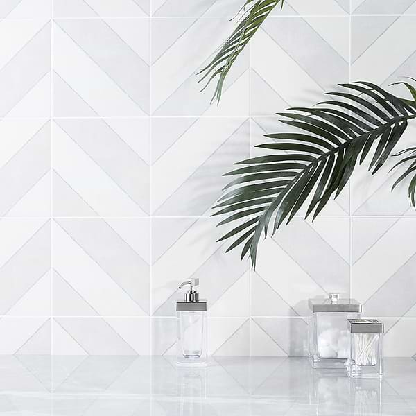 Artstract Diagonals Ash; in White + Light Gray Porcelain; for Backsplash, Bathroom Floor, Bathroom Wall, Commercial Floor, Floor Tile, Kitchen Floor, Kitchen Wall, Outdoor Floor, Outdoor Wall, Shower Floor, Shower Wall, Wall Tile; in Style Ideas Farmhouse, Mid Century