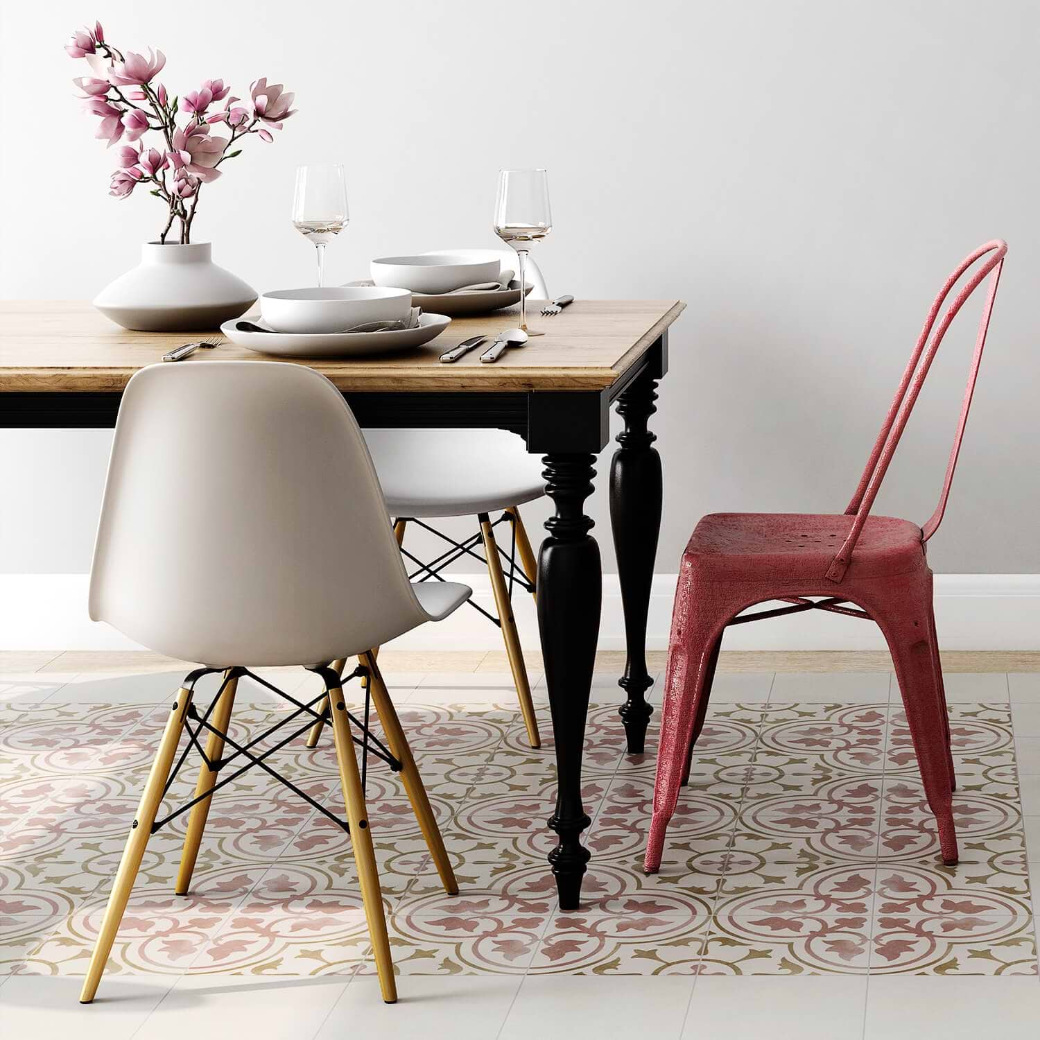 Hermosa Tate 9x9; in Pink + Sand + White Porcelain; for Backsplash, Bathroom Floor, Bathroom Wall, Commercial Floor, Floor Tile, Kitchen Floor, Kitchen Wall, Outdoor Floor, Outdoor Wall, Shower Floor, Shower Wall, Wall Tile; in Style Ideas Farmhouse, Mediterranean, Mid Century