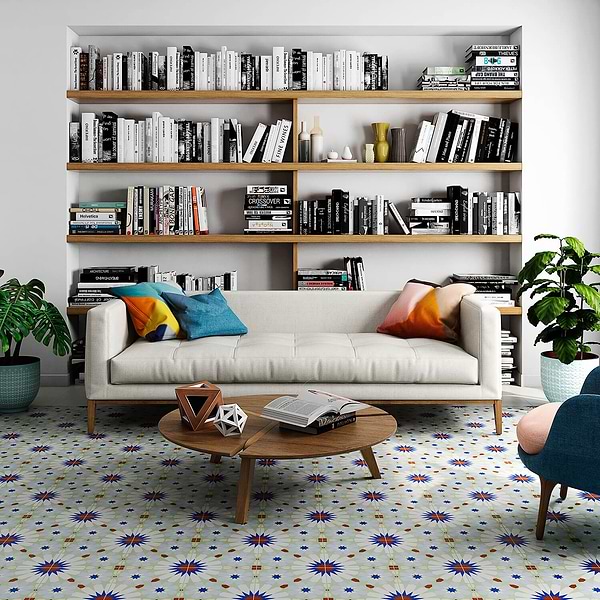 Hermosa Uffizi 9x9; in Orange + Green + Blue + white Porcelain; for Backsplash, Bathroom Floor, Bathroom Wall, Commercial Floor, Floor Tile, Kitchen Floor, Kitchen Wall, Outdoor Floor, Outdoor Wall, Shower Floor, Shower Wall, Wall Tile; in Style Ideas Mediterranean