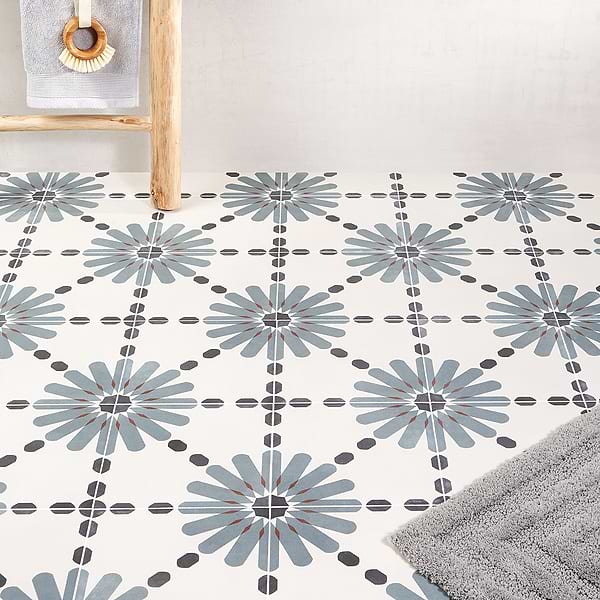 Dhar Daisy Blue 9x9; in Blue + Red + White Porcelain; for Backsplash, Bathroom Floor, Bathroom Wall, Commercial Floor, Floor Tile, Kitchen Floor, Kitchen Wall, Outdoor Floor, Outdoor Wall, Shower Floor, Shower Wall, Wall Tile; in Style Ideas Farmhouse, Mediterranean, Mid Century, Traditional, Transitional