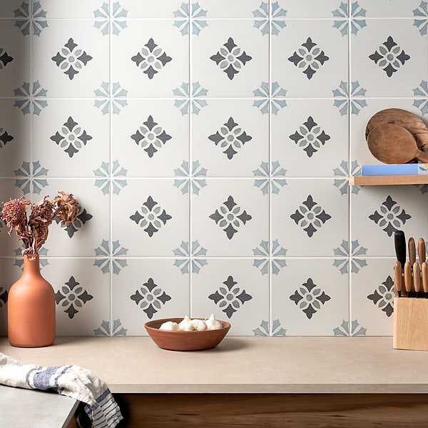 Dhar Poppy Blue Green 9x9; in Blue, White, Gray, Green Through Body Porcelain; for Backsplash, Bathroom Floor, Bathroom Wall, Commercial Floor, Floor Tile, Kitchen Floor, Kitchen Wall, Outdoor Floor, Outdoor Wall, Pool Tile, Shower Floor, Shower Wall, Wall Tile; in Style Ideas Beach, Farmhouse, Mediterranean, Modern, Transitional