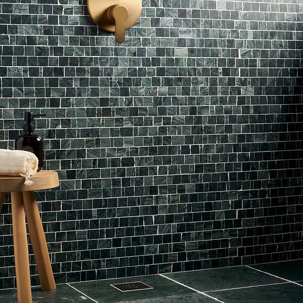 Mason Verde Green Clipped Joint Honed Mosaic; in Green Verde Green; for Backsplash, Bathroom Floor, Bathroom Wall, Commercial Floor, Floor Tile, Kitchen Floor, Kitchen Wall, Outdoor Floor, Outdoor Wall, Shower Floor, Shower Wall, Wall Tile; in Style Ideas Art Deco, Traditional