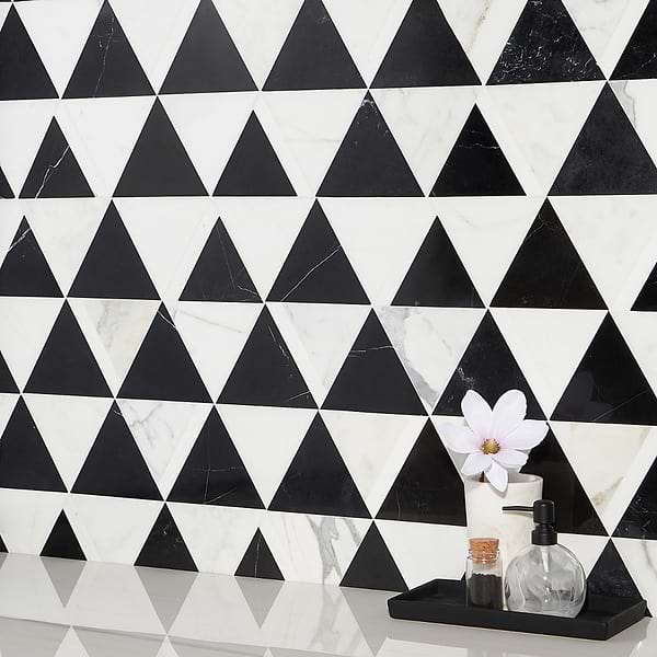 Close Out - Wunder 2.0 Gris Nero - Nero and Calacatta with Thassos Lines; in White + Black Marble; for Backsplash, Bathroom Floor, Bathroom Wall, Commercial Floor, Floor Tile, Kitchen Floor, Kitchen Wall, Outdoor Wall, Shower Wall, Wall Tile; in Style Ideas Art Deco, Contemporary, Mid Century, Modern, Whimsical