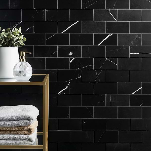 Nero Marquina 3x6 Honed; in Black Nero Marquina; for Backsplash, Bathroom Floor, Bathroom Wall, Commercial Floor, Floor Tile, Kitchen Floor, Kitchen Wall, Outdoor Floor, Outdoor Wall, Shower Floor, Shower Wall, Wall Tile; in Style Ideas Industrial, Modern, Traditional