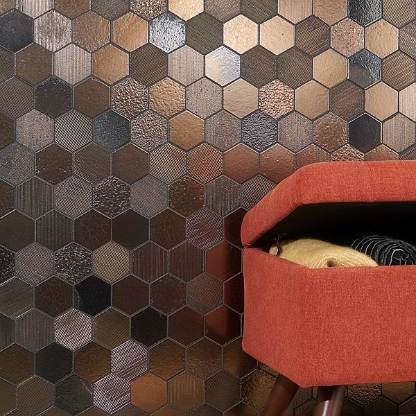 Art Lava Hexagon Textured Metallic Mix Bronze; in Bronze Lava Stone; for Backsplash, Bathroom Floor, Bathroom Wall, Commercial Floor, Floor Tile, Kitchen Floor, Kitchen Wall, Outdoor Floor, Outdoor Wall, Shower Floor, Shower Wall, Wall Tile; in Style Ideas Art Deco, Contemporary, Industrial