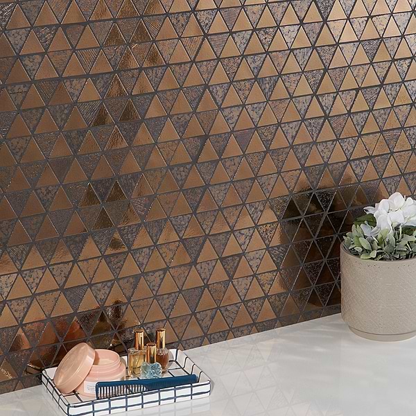 Art Lava Triangles Metallic Bronze; in Bronze Lava Stone; for Backsplash, Bathroom Floor, Bathroom Wall, Commercial Floor, Floor Tile, Kitchen Floor, Kitchen Wall, Outdoor Floor, Outdoor Wall, Shower Floor, Shower Wall, Wall Tile; in Style Ideas Art Deco, Contemporary, Industrial