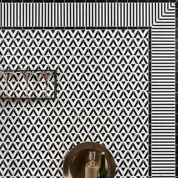Avant Garde Linear Calacatta and Black Jade; in Black + White Marble; for Backsplash, Bathroom Floor, Bathroom Wall, Commercial Floor, Floor Tile, Kitchen Floor, Kitchen Wall, Outdoor Floor, Outdoor Wall, Shower Floor, Shower Wall, Wall Tile; in Style Ideas Art Deco, Mid Century, Modern