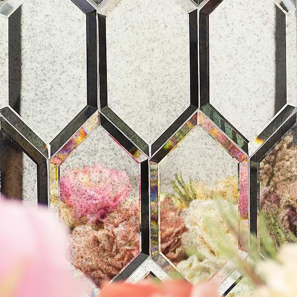 Elongated Beveled Hexagon Antique Mirror; in Antique Silver Glass; for Backsplash, Bathroom Wall, Kitchen Wall, Wall Tile; in Style Ideas Art Deco, Beach, Contemporary, Cottage, Craftsman, Mid Century, Tropical, Whimsical