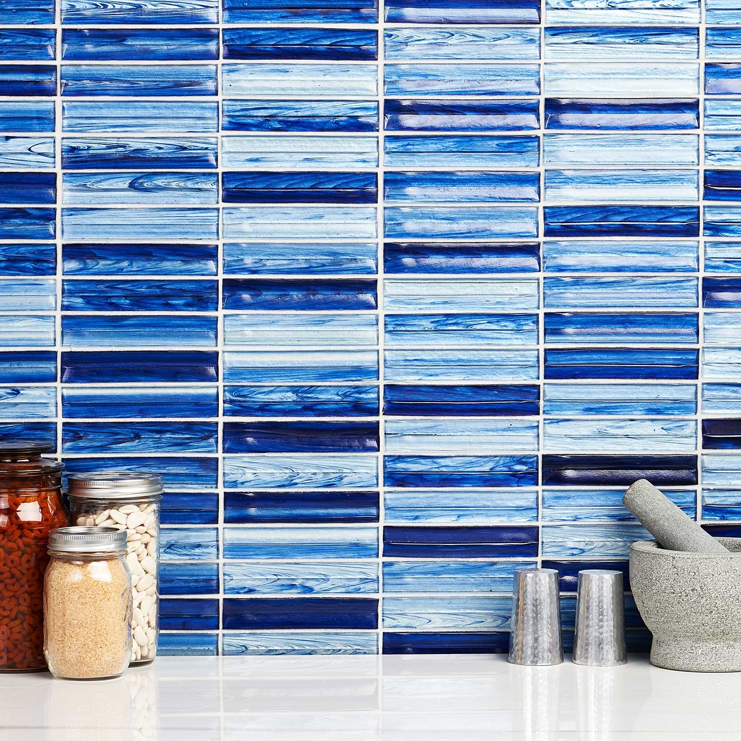 Shop Close Out - Brook Stacked Azur Blue 1x5 Polished Glass Mosaic