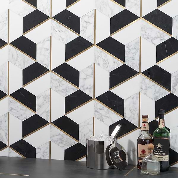 Carraway Nero Blanco; in Black, White, Gray and Gold Nero Marquina + Arabescato + Thassos + Brass; for Backsplash, Bathroom Wall, Kitchen Wall, Outdoor Wall, Shower Wall, Wall Tile; in Style Ideas Art Deco, Contemporary, Whimsical