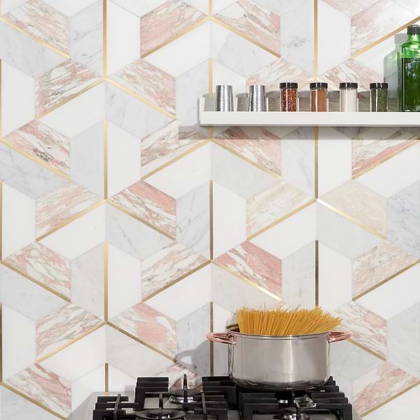 Carraway Rosa; in Pink, White, Gray, Brass Rosa Norvegia + Thassos + Carrara + Brass; for Backsplash, Bathroom Wall, Kitchen Wall, Outdoor Wall, Shower Wall, Wall Tile; in Style Ideas Art Deco, Contemporary, Whimsical