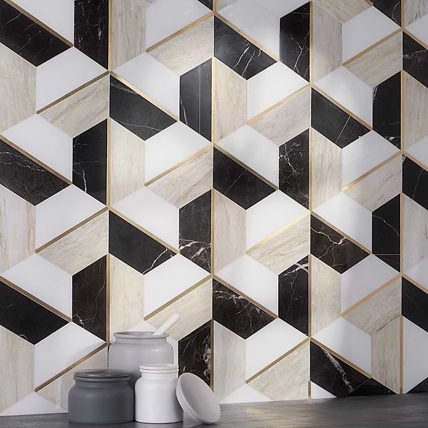 Carraway Saint Laurent Beige Polished Marble and Brass Mosaic Tile