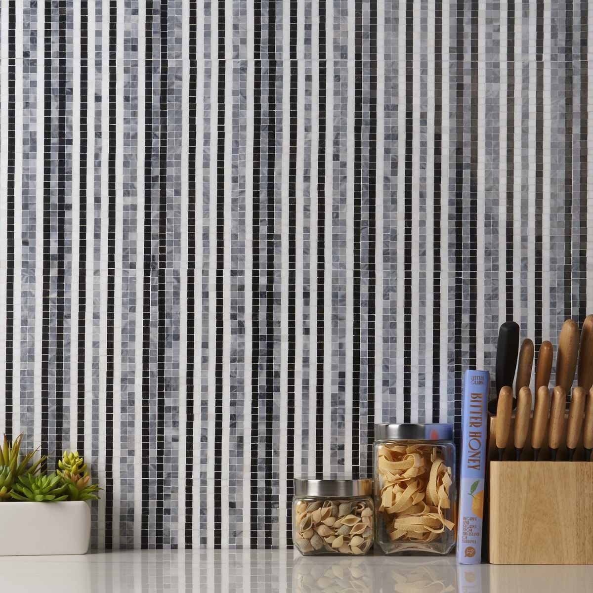 Close Out - Madras Lines Night - Thassos- Nero & Bardiglio Polished Marble; in Black, White Thassos + Nero + Bardiglio; for Backsplash, Bathroom Floor, Bathroom Wall, Commercial Floor, Floor Tile, Kitchen Floor, Kitchen Wall, Outdoor Floor, Outdoor Wall, Shower Floor, Shower Wall, Wall Tile; in Style Ideas Beach, Contemporary, Mediterranean, Mid Century, Transitional, Whimsical