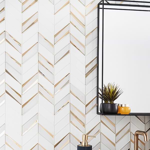 Giazza Roma; in White and Gold Glass; for Backsplash, Bathroom Wall, Kitchen Wall, Wall Tile; in Style Ideas Art Deco, Mid Century, Modern