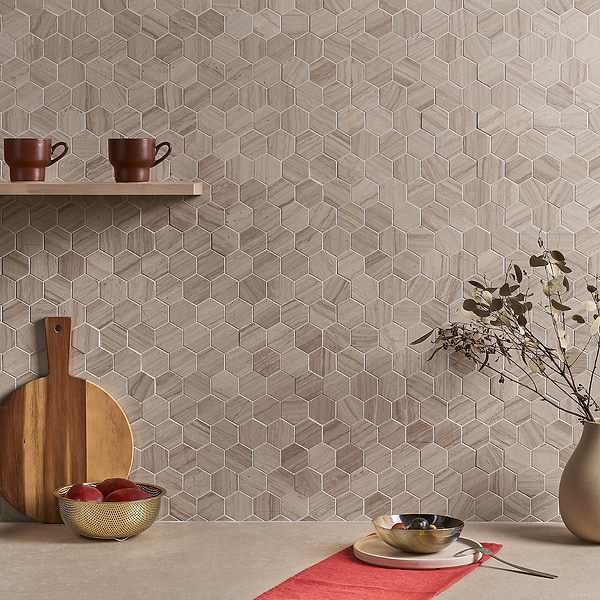 Wooden Beige 2" Hexagon; in Tan Wooden Beige; for Backsplash, Bathroom Floor, Bathroom Wall, Commercial Floor, Floor Tile, Kitchen Floor, Kitchen Wall, Outdoor Floor, Outdoor Wall, Shower Floor, Shower Wall, Wall Tile; in Style Ideas Classic, Farmhouse, Modern, Traditional