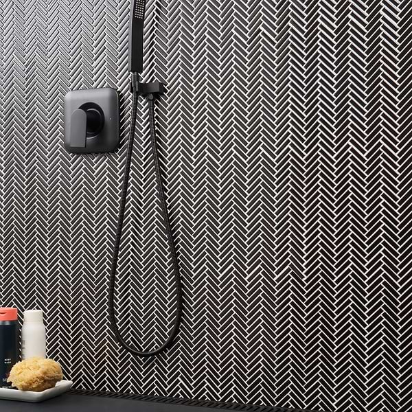 Motek Black 1x2" Herringbone Glossy Porcelain Mosaic Tile
