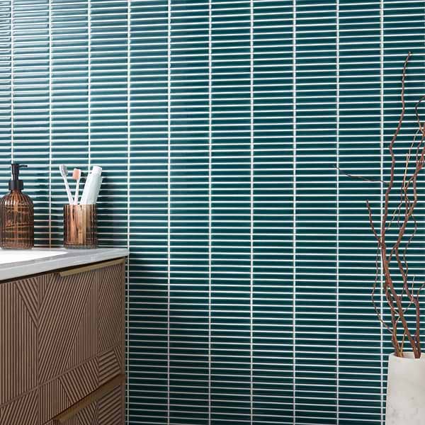 Motek Teal 1x4" Tri-Stacked Crackled Glossy Porcelain Mosaic Tile