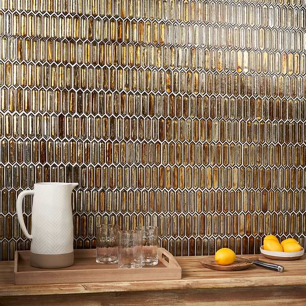 Artemis Amber; in gold Glass; for Backsplash, Bathroom Wall, Kitchen Wall, Shower Wall, Wall Tile; in Style Ideas Beach, Contemporary, Mediterranean