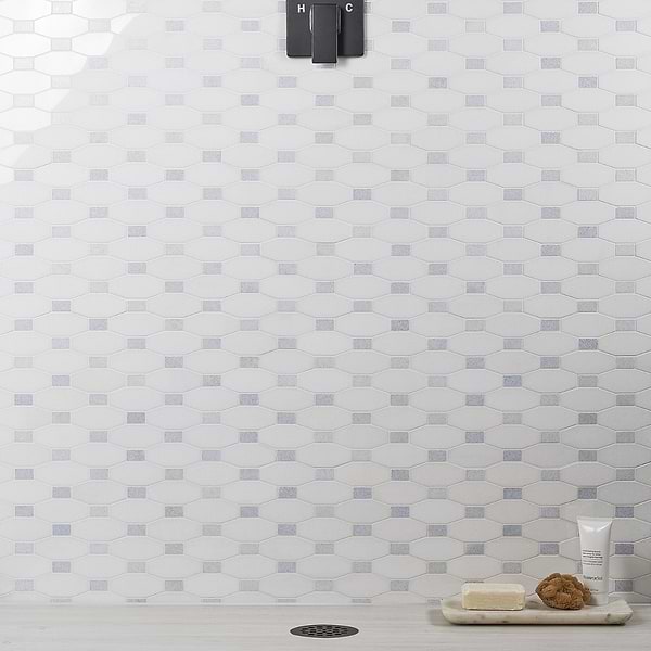 Long Octagon Pattern White Thassos & Blue Celeste Dot Polished Marble