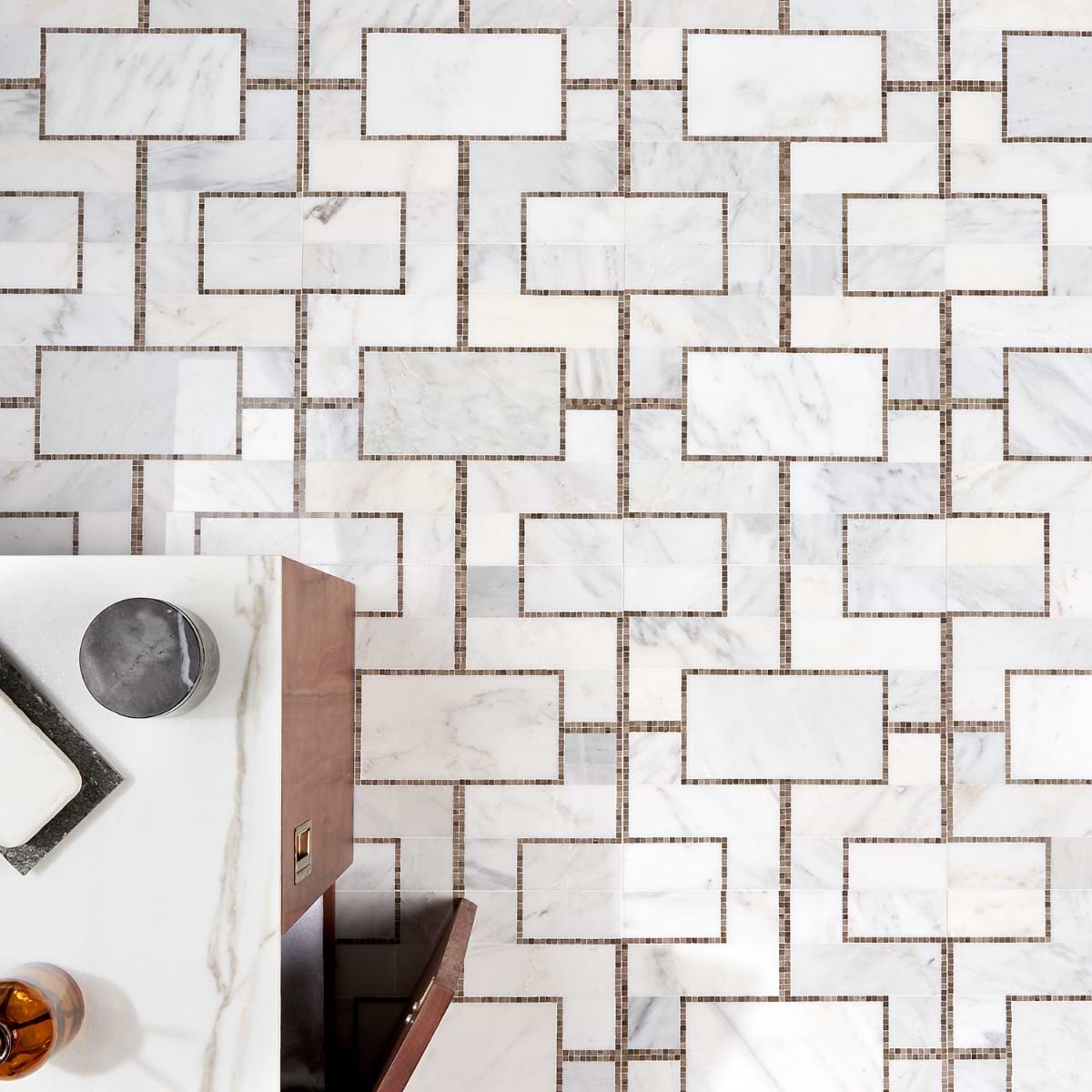 Close Out - Mod Lux Statuary Athens Gray & Oriental White Honed Polished Marble; in Gray & White Asian Statuary + Athens Gray; for Backsplash, Bathroom Floor, Bathroom Wall, Commercial Floor, Floor Tile, Kitchen Floor, Kitchen Wall, Outdoor Wall, Shower Wall, Wall Tile; in Style Ideas Art Deco, Mid Century, Transitional