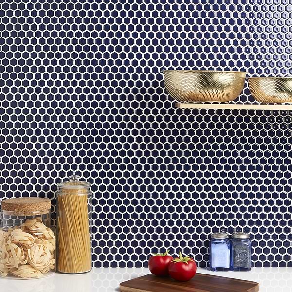 Simple 2.0 Rimmed Cobalt 1" Hexagon Polished Porcelain Mosaic; in Blue Porcelain; for Backsplash, Bathroom Floor, Bathroom Wall, Commercial Floor, Floor Tile, Kitchen Floor, Kitchen Wall, Outdoor Wall, Shower Floor, Shower Wall, Wall Tile; in Style Ideas Classic, Contemporary, Mid Century, Transitional