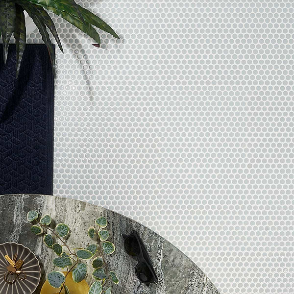 Simple 2.0 Rimmed Mist Gray Penny Rounds Polished Porcelain Mosaic