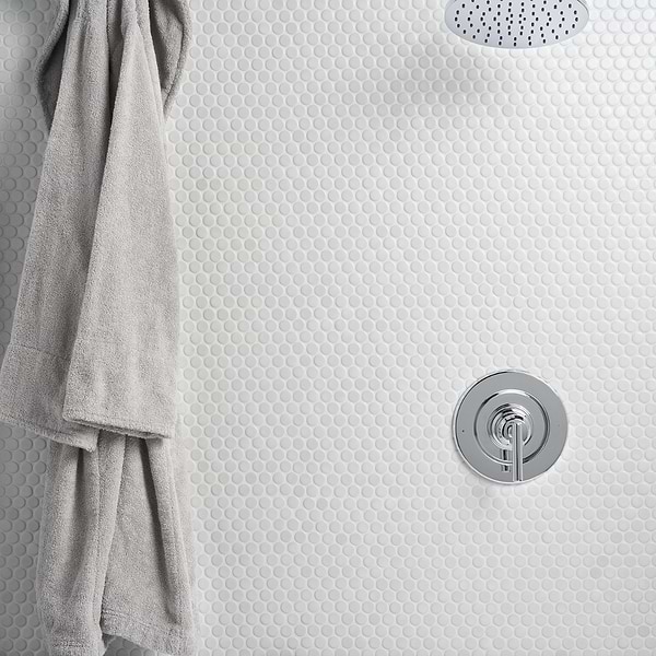 Simple 2.0 White 1" Penny Round Matte Porcelain Mosaic; in White Porcelain; for Backsplash, Bathroom Floor, Bathroom Wall, Commercial Floor, Floor Tile, Kitchen Floor, Kitchen Wall, Outdoor Wall, Shower Floor, Shower Wall, Wall Tile; in Style Ideas Classic, Contemporary, Industrial, Mid Century, Transitional