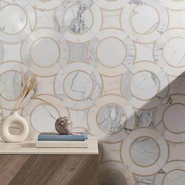 MJ Star 2.0 Calacutta with Crema Marfil Line & Calacutta Circle; in Calcatta Gold + Cream Calacatta + Crema Marfil; for Backsplash, Bathroom Floor, Bathroom Wall, Commercial Floor, Floor Tile, Kitchen Floor, Kitchen Wall, Outdoor Wall, Shower Floor, Shower Wall, Wall Tile; in Style Ideas Art Deco, Craftsman, Modern