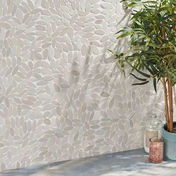 Pebblestone Flower Lovina White Natural Stone; in White Pebble; for Backsplash, Bathroom Floor, Bathroom Wall, Commercial Floor, Floor Tile, Kitchen Floor, Kitchen Wall, Outdoor Floor, Outdoor Wall, Shower Floor, Shower Wall, Wall Tile; in Style Ideas Contemporary, Traditional, Transitional, Tropical, Whimsical
